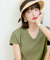 Vネック半袖サマーニットプルオーバーxyf6296 グリーン