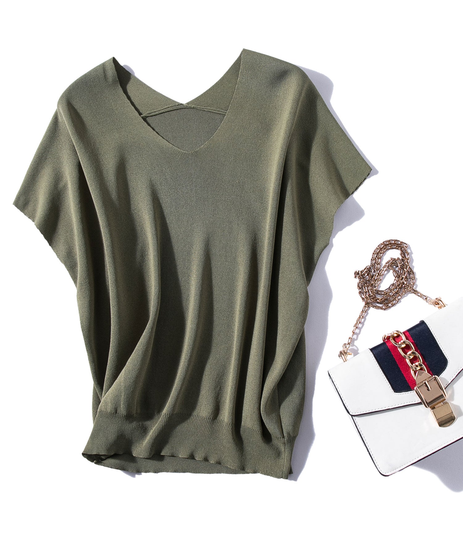 Vネック半袖サマーニットプルオーバーxyf6296 グリーン