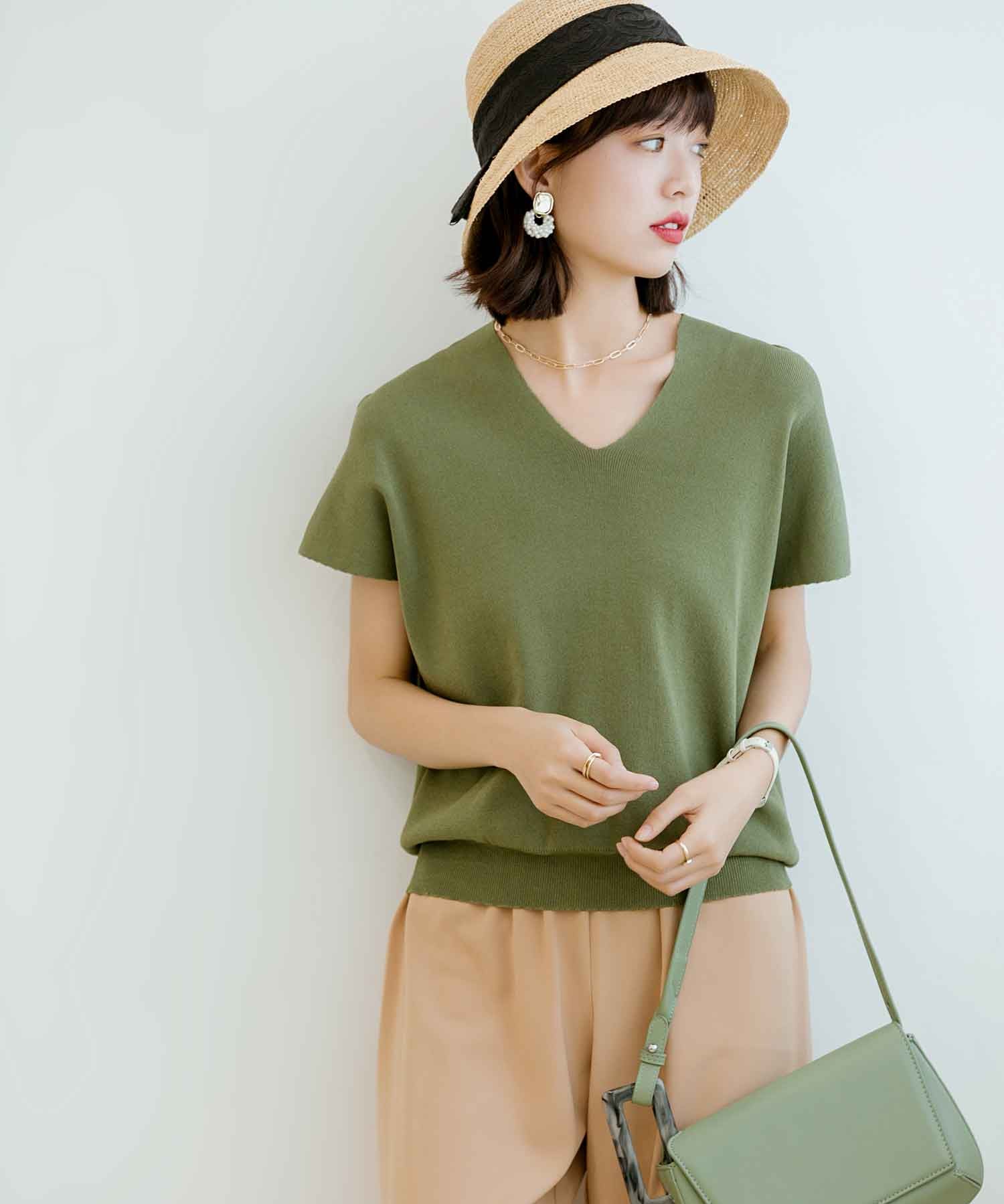 Vネック半袖サマーニットプルオーバーxyf6296-103-35