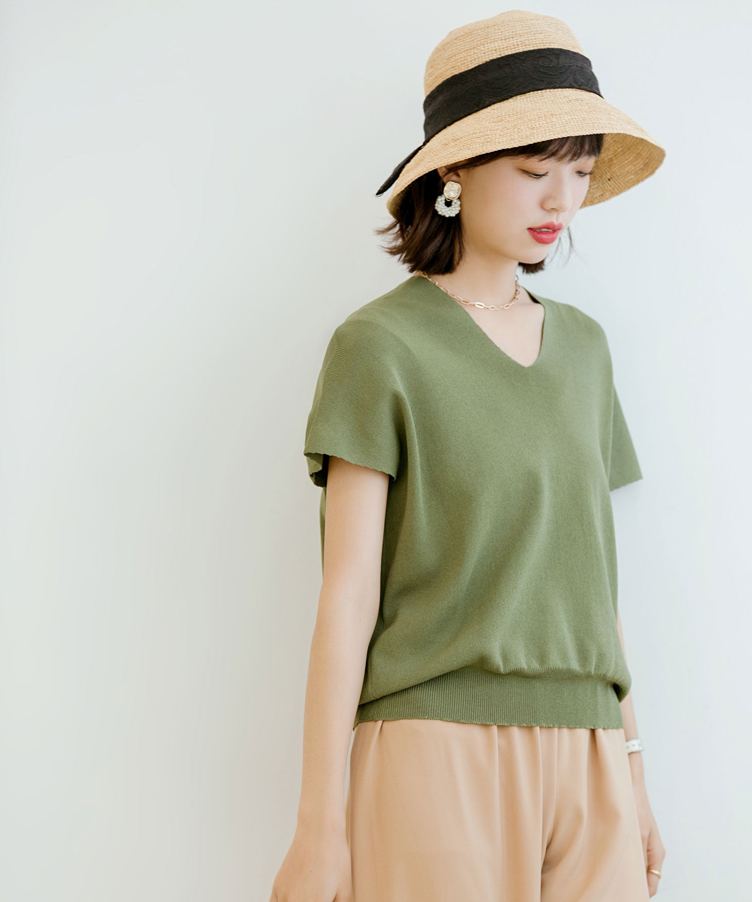 Vネック半袖サマーニットプルオーバーxyf6296 グリーン