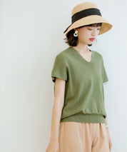 Vネック半袖サマーニットプルオーバーxyf6296 グリーン