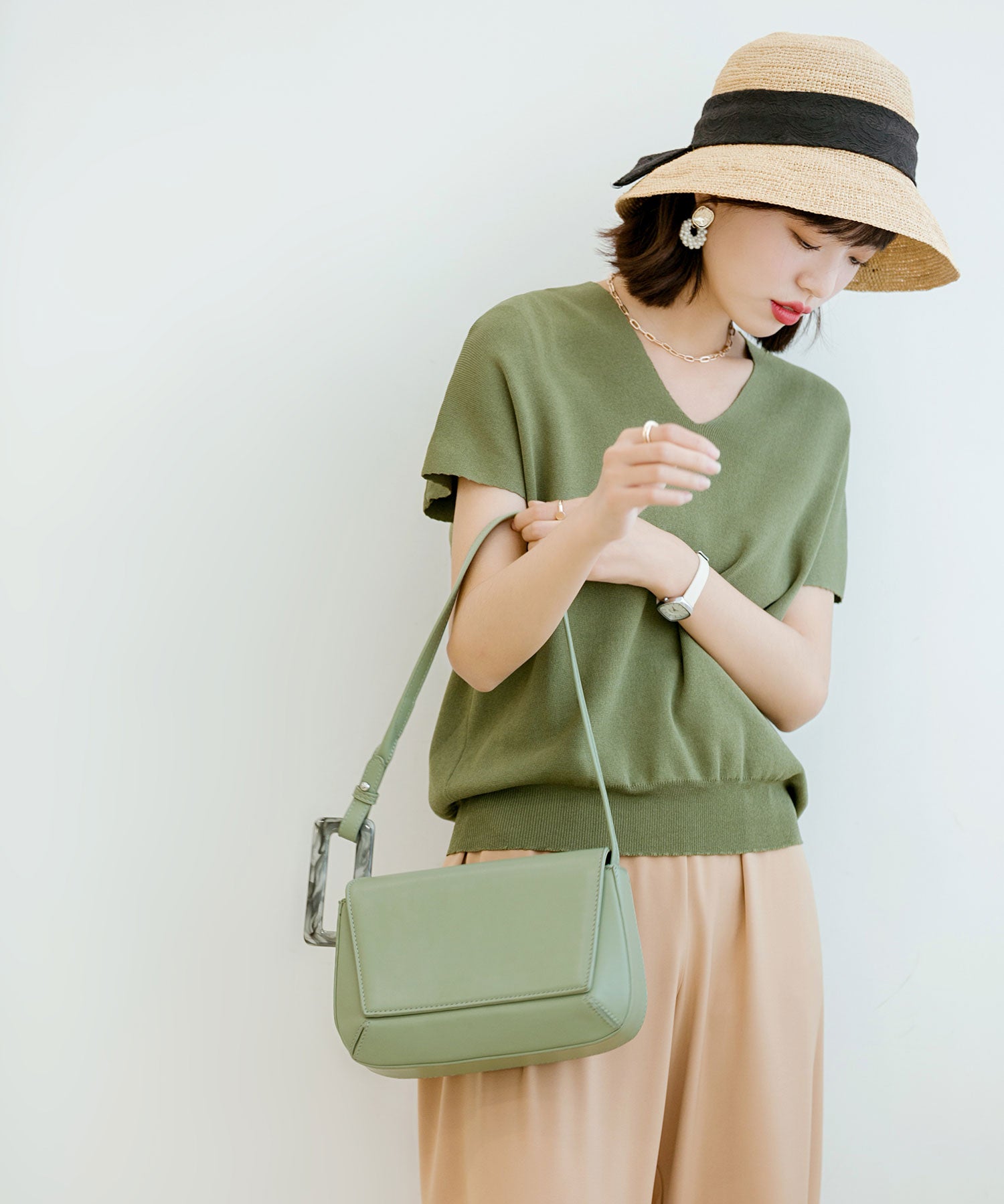 Vネック半袖サマーニットプルオーバーxyf6296 グリーン