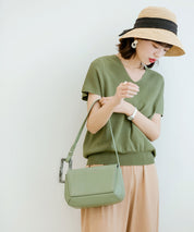 Vネック半袖サマーニットプルオーバーxyf6296 グリーン