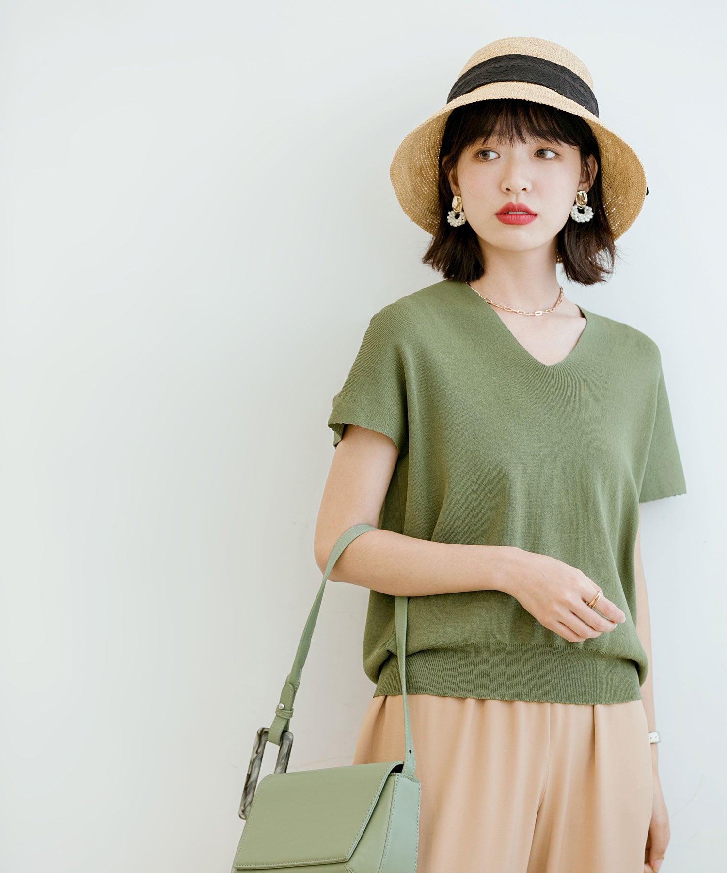 Vネック半袖サマーニットプルオーバーxyf6296 グリーン