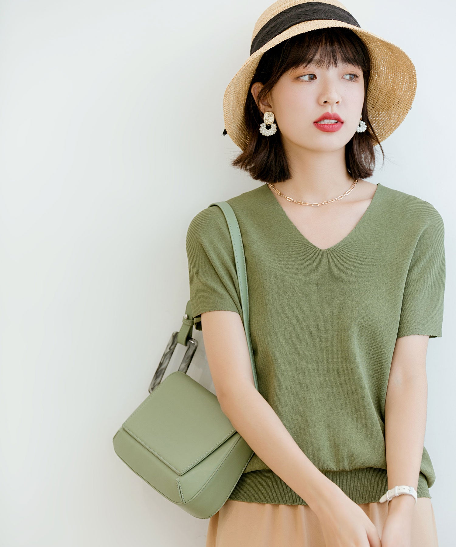 Vネック半袖サマーニットプルオーバーxyf6296 グリーン