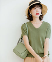 Vネック半袖サマーニットプルオーバーxyf6296 グリーン