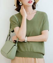 Vネック半袖サマーニットプルオーバーxyf6296 グリーン