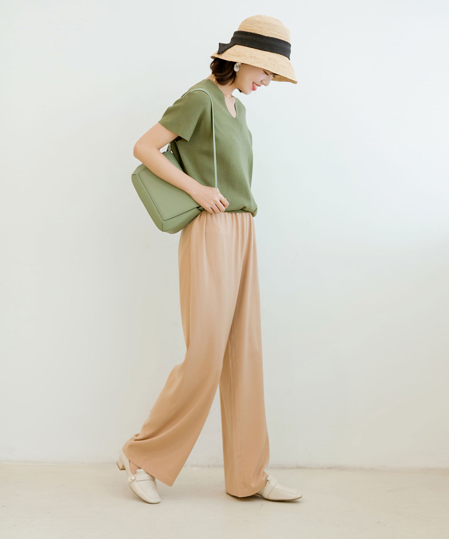 Vネック半袖サマーニットプルオーバーxyf6296 グリーン