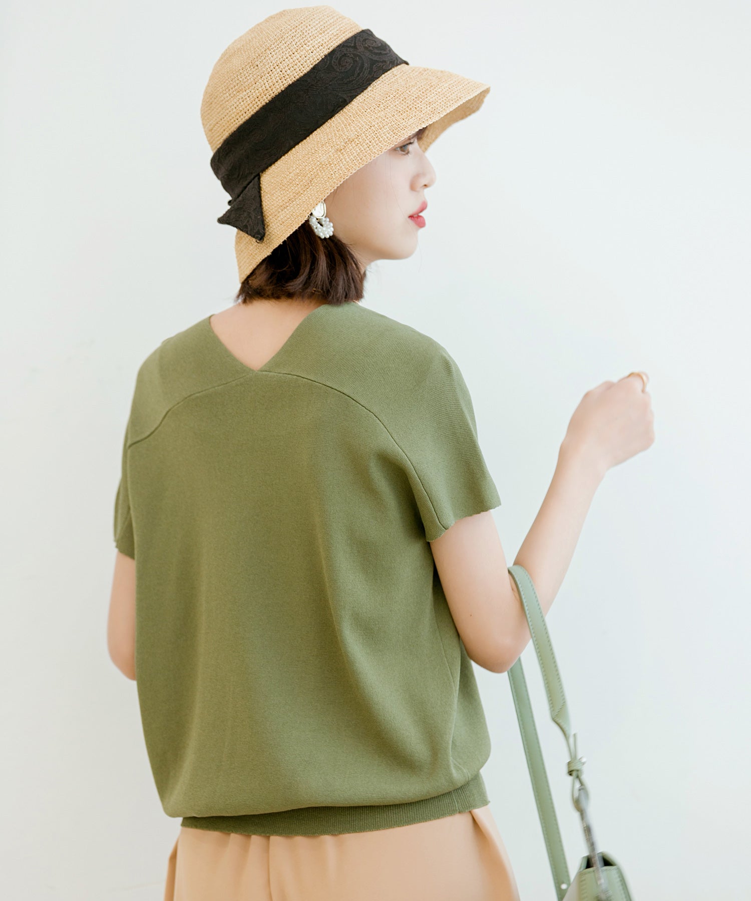 Vネック半袖サマーニットプルオーバーxyf6296 グリーン