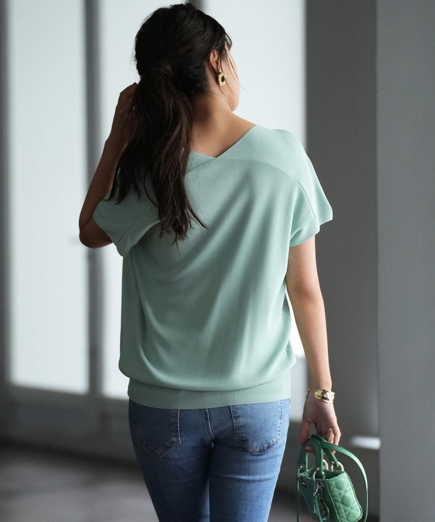 Vネック半袖サマーニットプルオーバーxyf6296 ミント