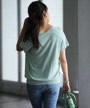 Vネック半袖サマーニットプルオーバーxyf6296 ミント