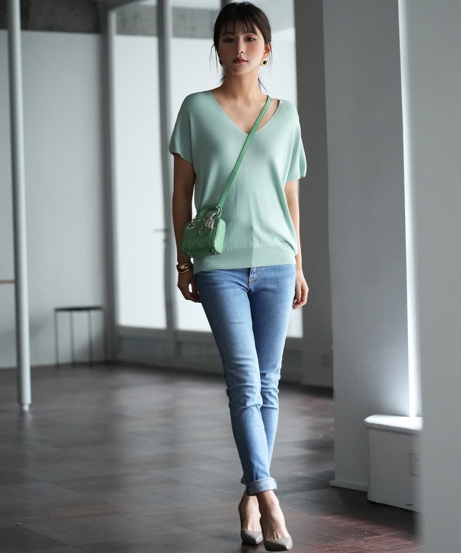 Vネック半袖サマーニットプルオーバーxyf6296 ミント