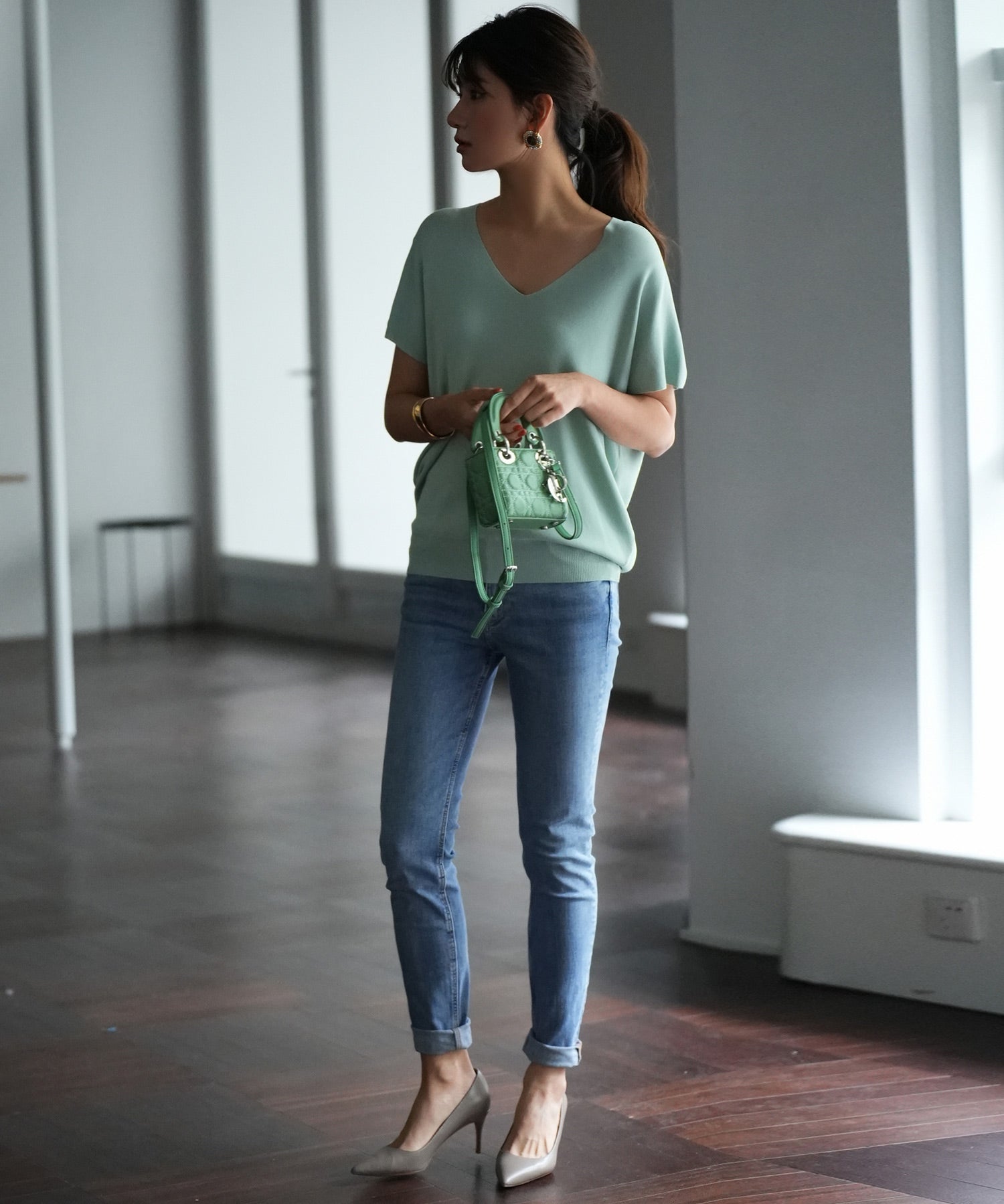 Vネック半袖サマーニットプルオーバーxyf6296 ミント