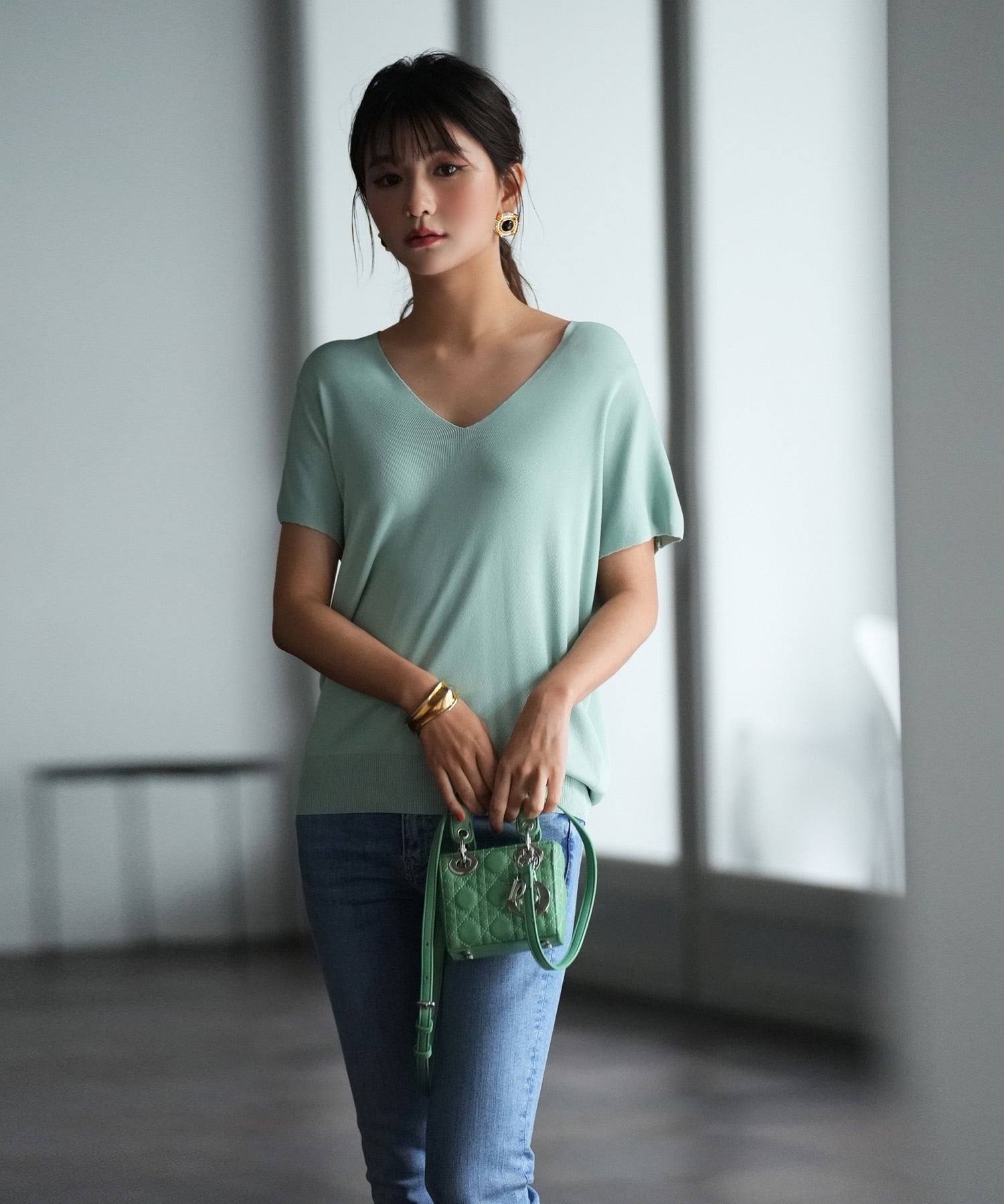 Vネック半袖サマーニットプルオーバーxyf6296 ミント