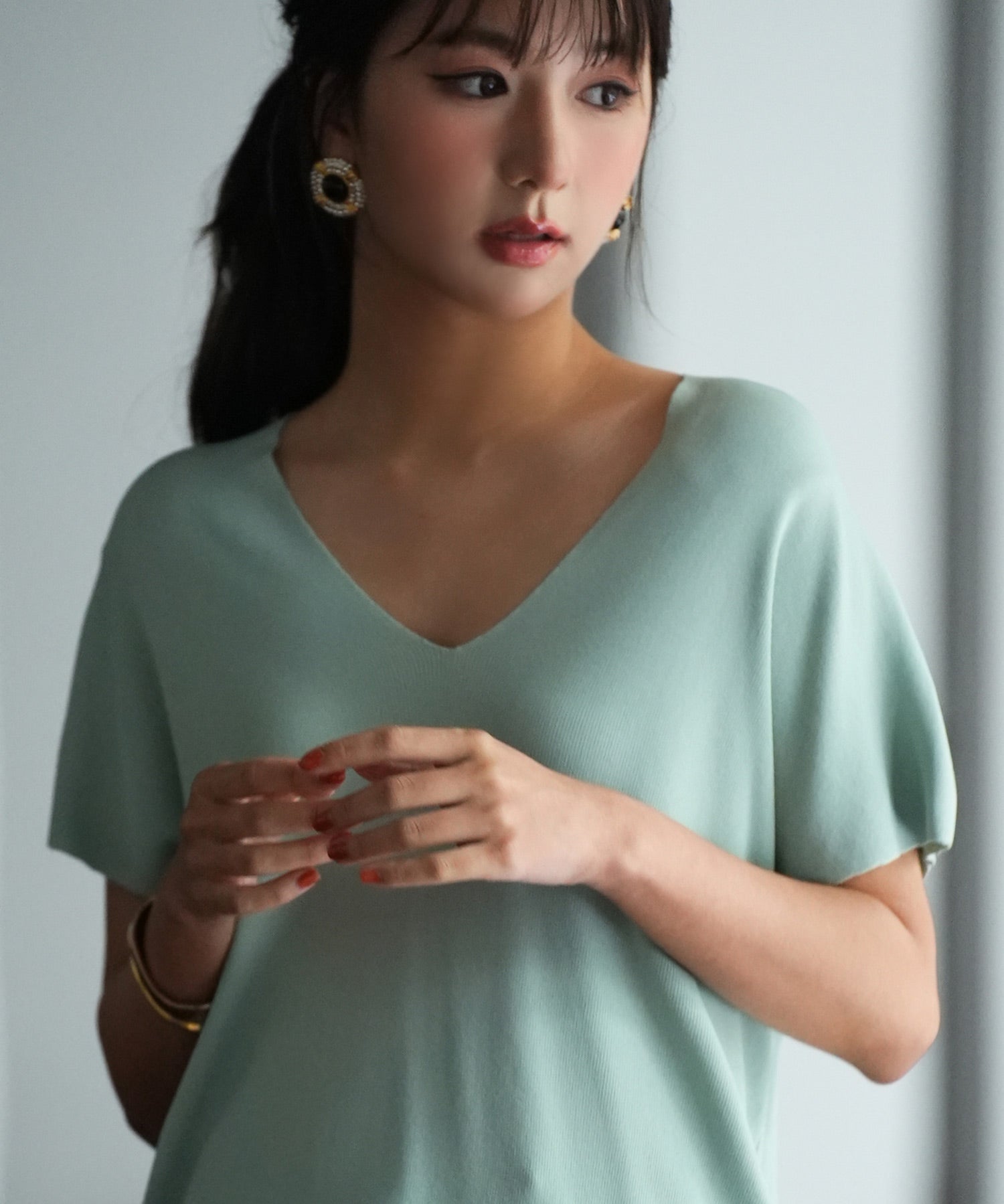 Vネック半袖サマーニットプルオーバーxyf6296 ミント