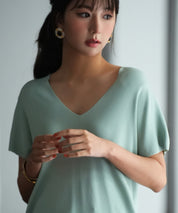 Vネック半袖サマーニットプルオーバーxyf6296 ミント