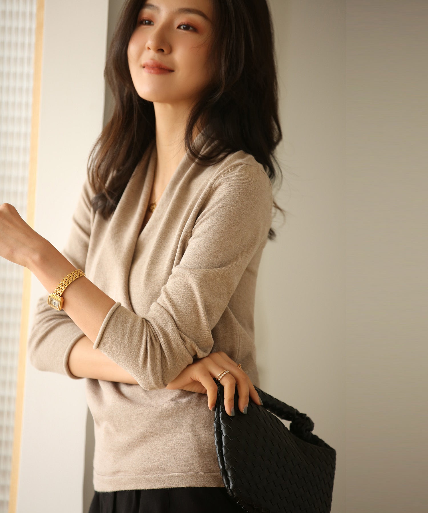 授乳もオフィスも両立カシュクールネックニットトップスxyf9368 モカ