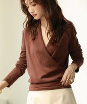 授乳もオフィスも両立カシュクールネックニットトップスxyf9368 ダークブラウン