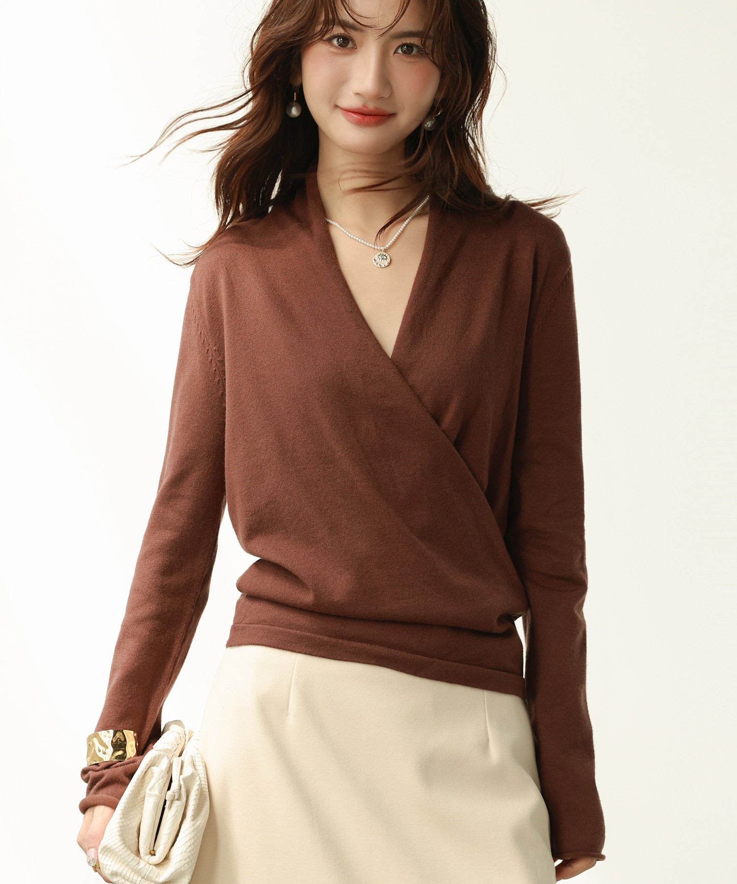 授乳もオフィスも両立カシュクールネックニットトップスxyf9368 ダークブラウン