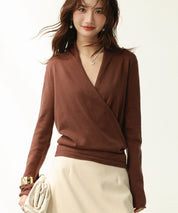 授乳もオフィスも両立カシュクールネックニットトップスxyf9368 ダークブラウン