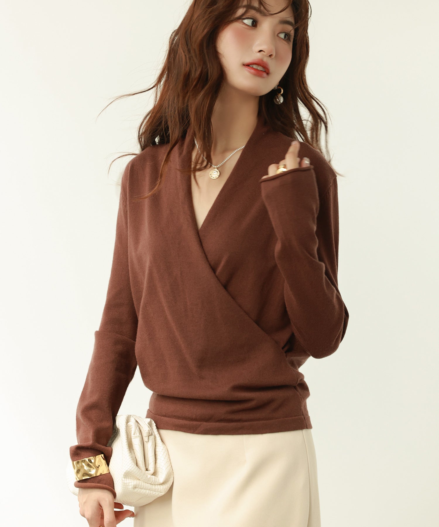 授乳もオフィスも両立カシュクールネックニットトップスxyf9368 ダークブラウン