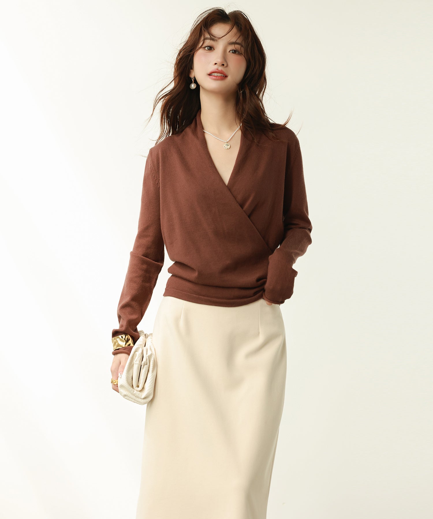 授乳もオフィスも両立カシュクールネックニットトップスxyf9368 ダークブラウン