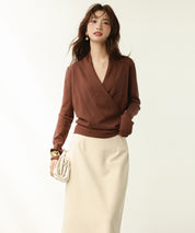 授乳もオフィスも両立カシュクールネックニットトップスxyf9368 ダークブラウン