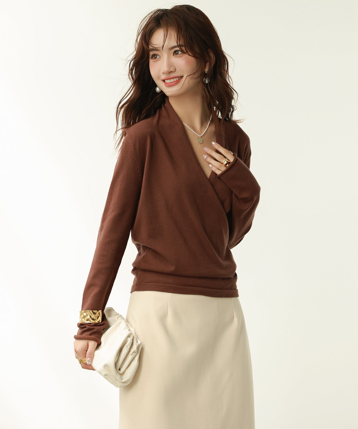 授乳もオフィスも両立カシュクールネックニットトップスxyf9368 ダークブラウン