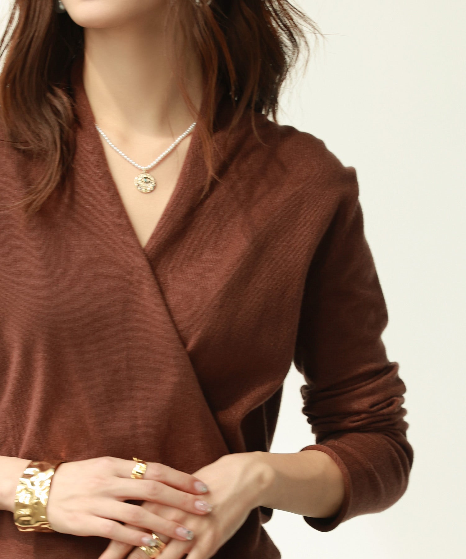 授乳もオフィスも両立カシュクールネックニットトップスxyf9368 ダークブラウン