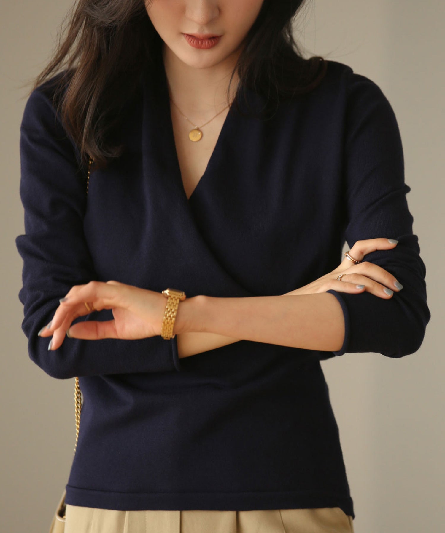 授乳もオフィスも両立カシュクールネックニットトップスxyf9368 ネイビー