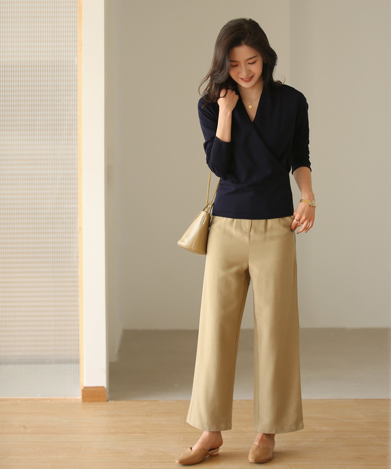 授乳もオフィスも両立カシュクールネックニットトップスxyf9368 ネイビー