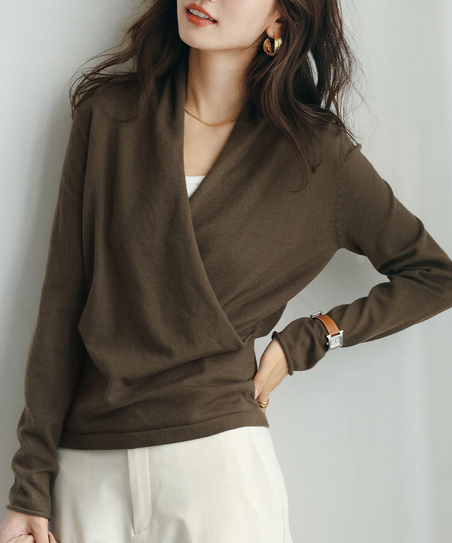 授乳もオフィスも両立カシュクールネックニットトップスxyf9368 カーキ