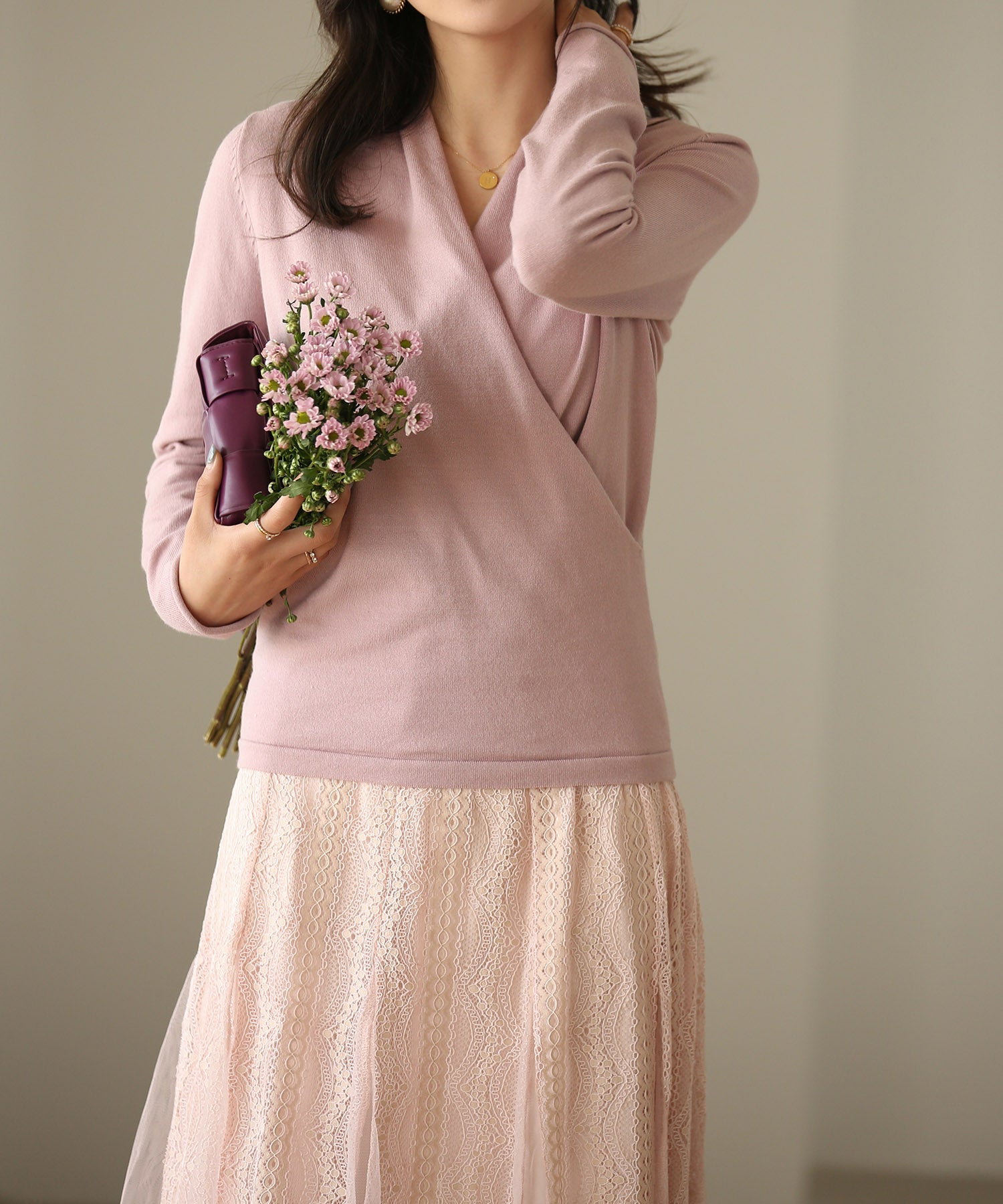 授乳もオフィスも両立カシュクールネックニットトップスxyf9368 ピンク