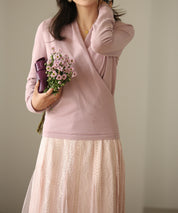 授乳もオフィスも両立カシュクールネックニットトップスxyf9368 ピンク