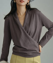 授乳もオフィスも両立カシュクールネックニットトップスxyf9368 チャコール