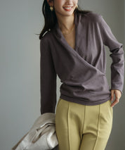 授乳もオフィスも両立カシュクールネックニットトップスxyf9368 チャコール