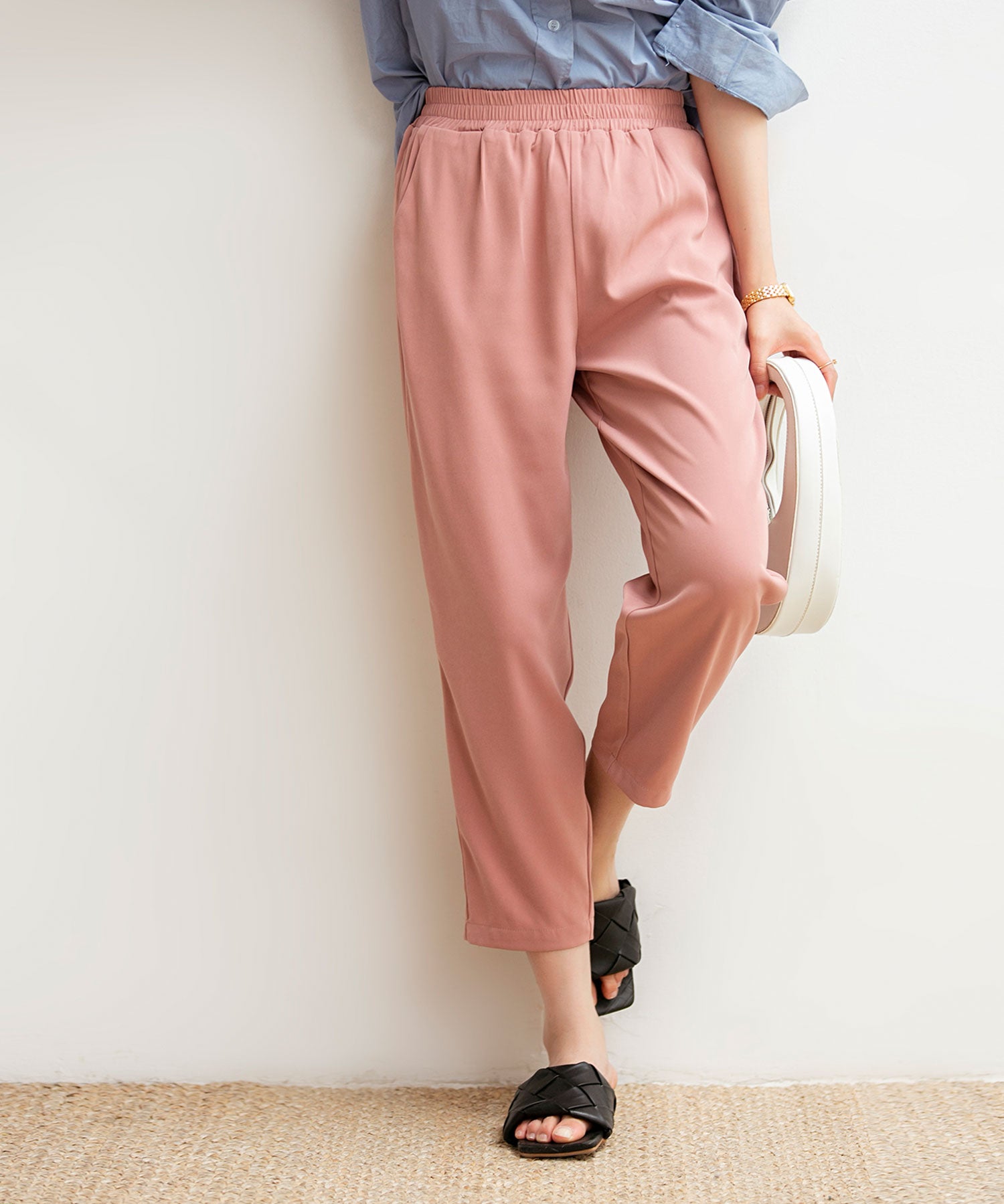 ロングシーズン対応ウエストゴムイージークロップドパンツxyz2312 コーラル