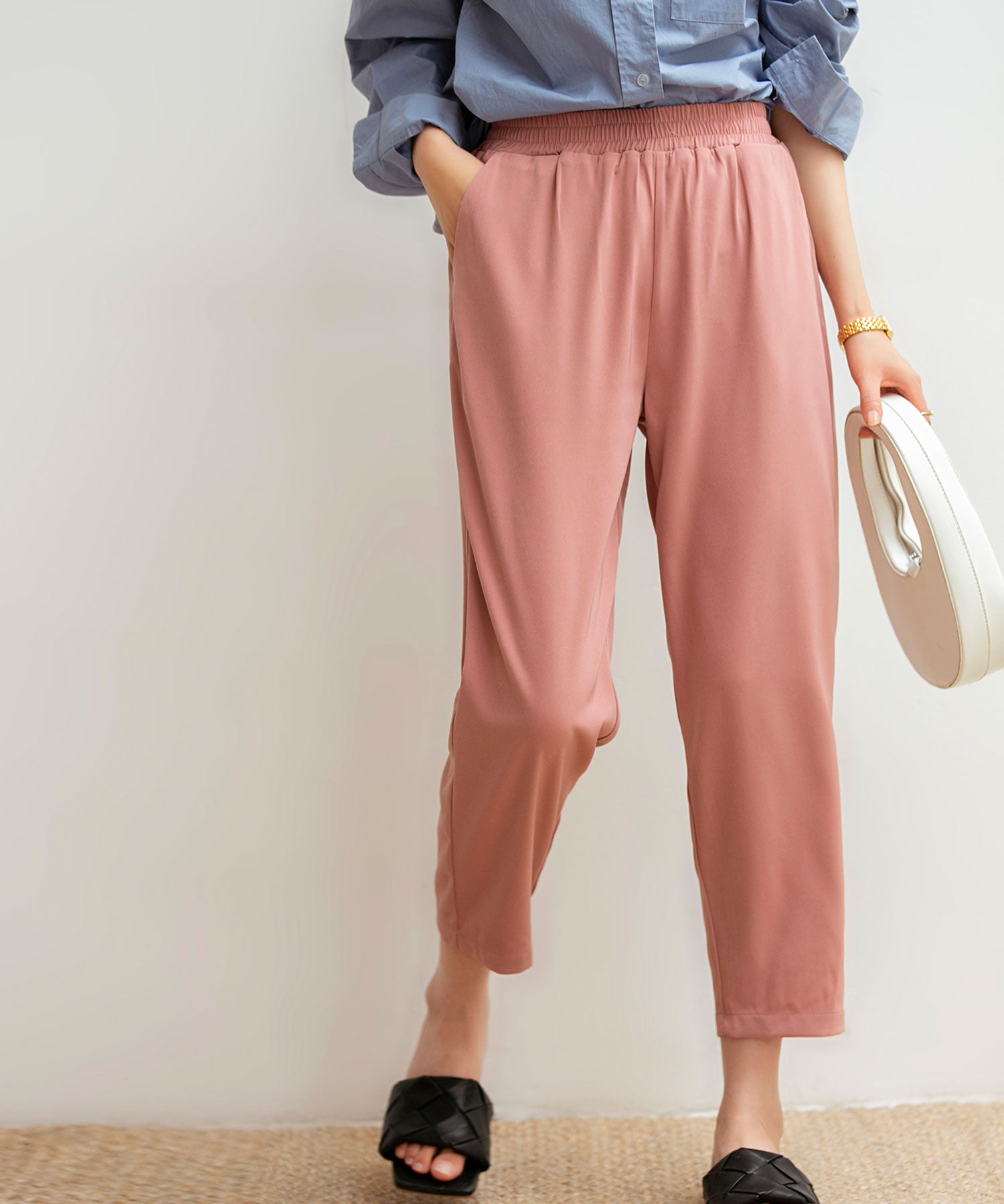 ロングシーズン対応ウエストゴムイージークロップドパンツxyz2312 コーラル