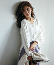 バックVネックシフォンブラウスxyz2413 ホワイト