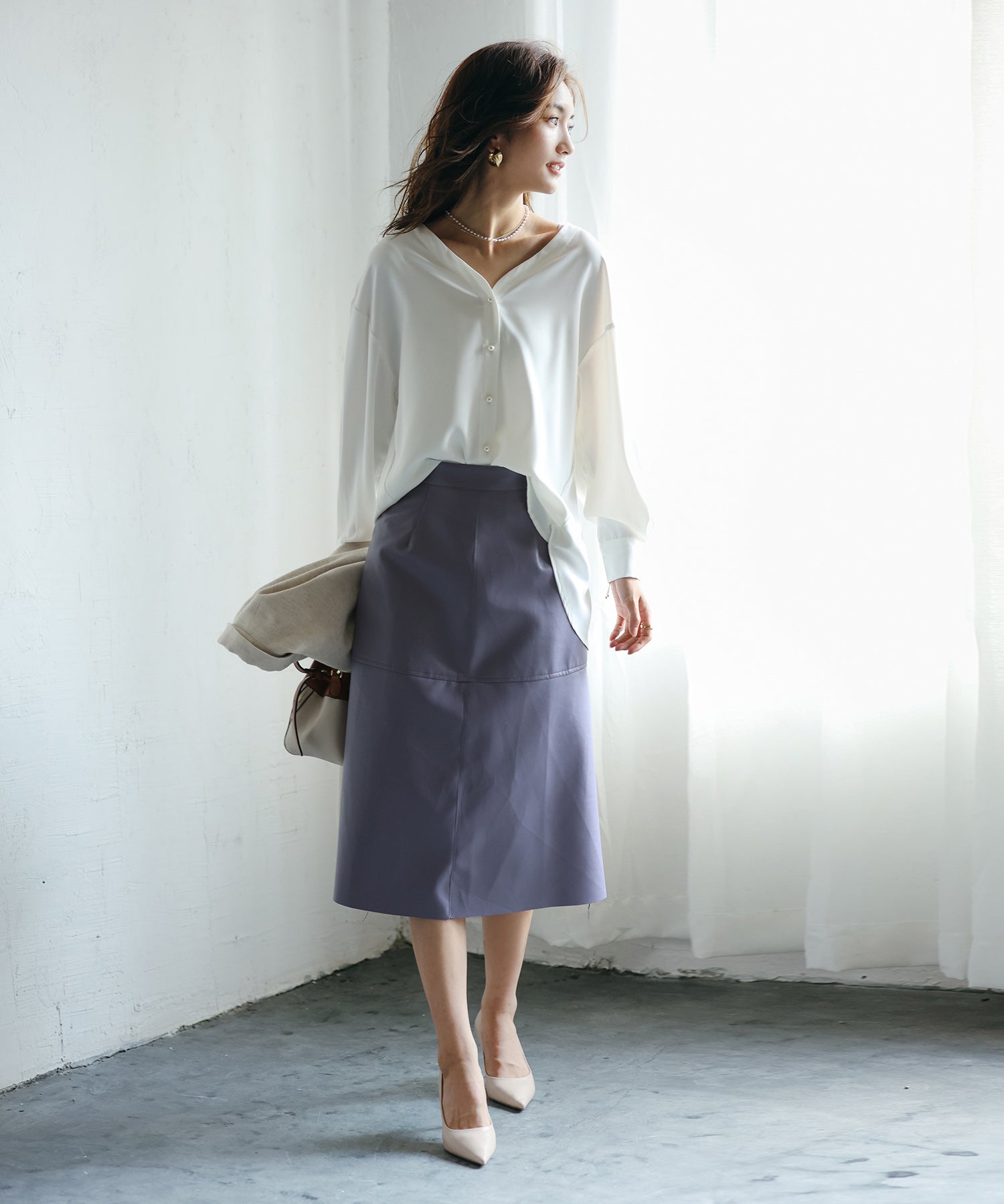 バックVネックシフォンブラウスxyz2413 ホワイト