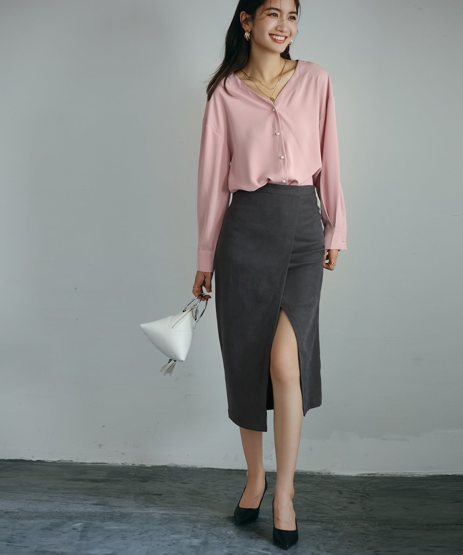 バックVネックシフォンブラウスxyz2413 ピンク