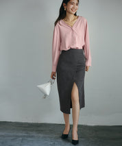 バックVネックシフォンブラウスxyz2413 ピンク