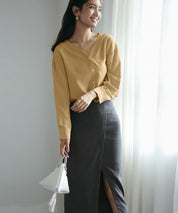 バックVネックシフォンブラウスxyz2413 ライトブラウン