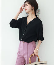 バックVネックシフォンブラウスxyz2413 ブラック