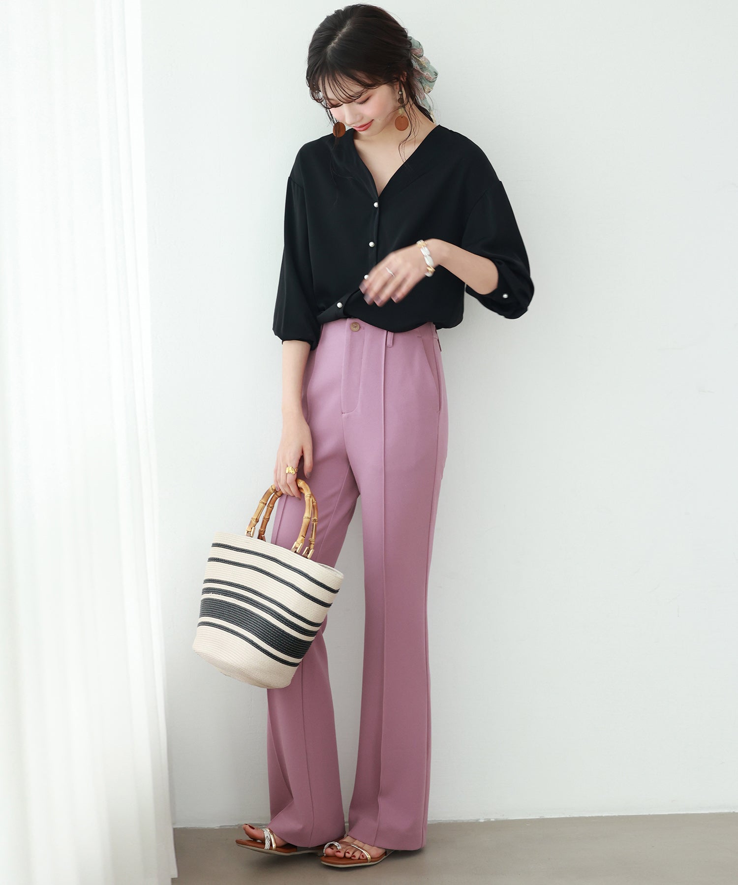 バックVネックシフォンブラウスxyz2413 ブラック