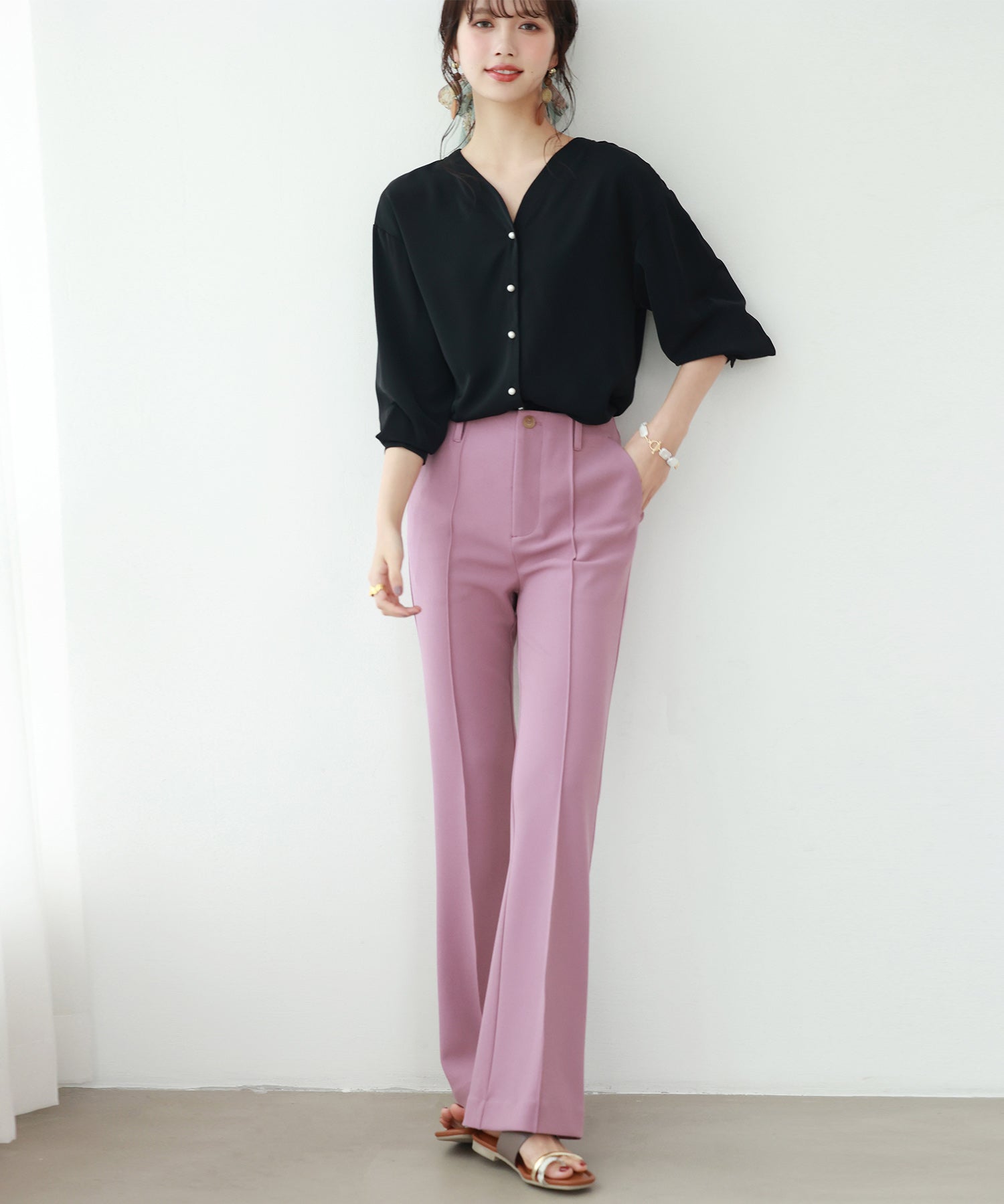 バックVネックシフォンブラウスxyz2413 ブラック