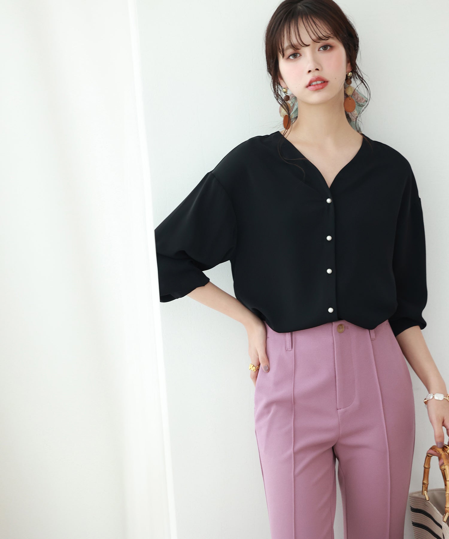 バックVネックシフォンブラウスxyz2413 ブラック