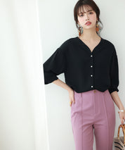 バックVネックシフォンブラウスxyz2413 ブラック