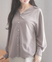 バックVネックシフォンブラウスxyz2413 モカ