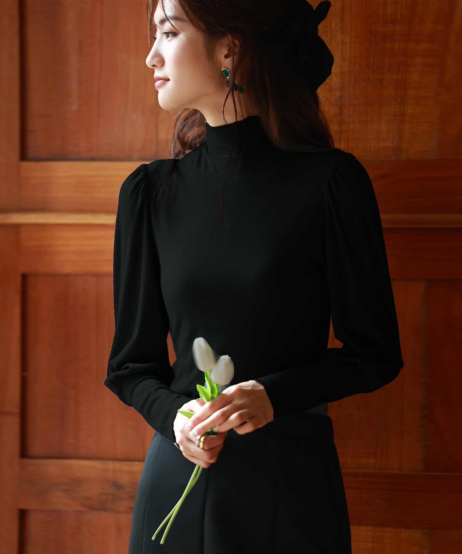 バルーンスリーブプチハイネックカットソーsdp0038 ブラック